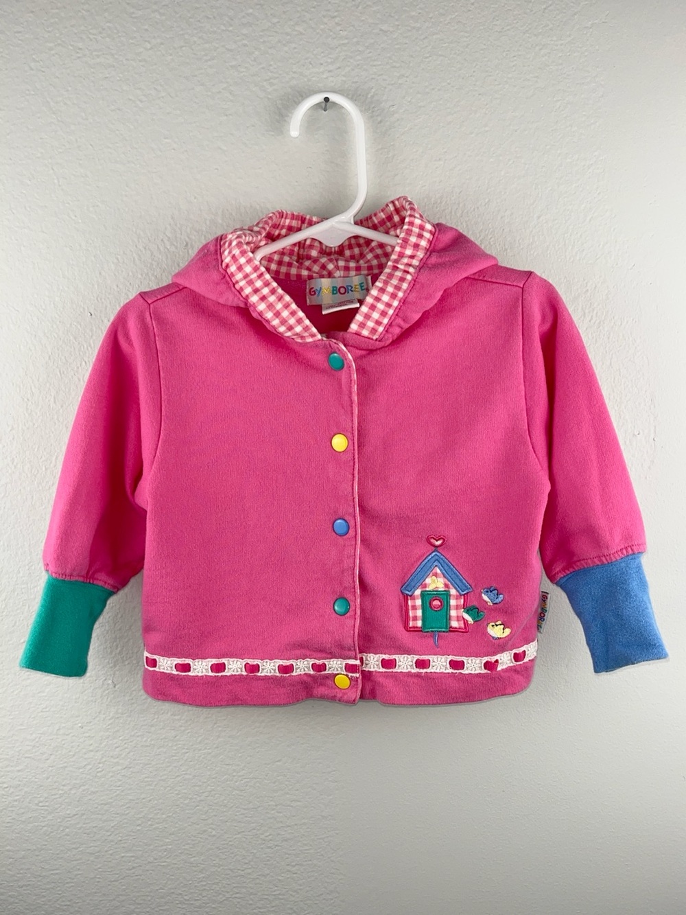 Gymboree 1990s Birdhouse Pink Hooded Cardigan Gingham Embroidered Hoodie Infant